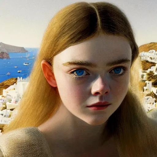 Image similar to Elle Fanning in Santorini, head and shoulders portrait, extremely detailed masterpiece, Roger Deakin’s cinematography, illustration, by Michael Sowa,