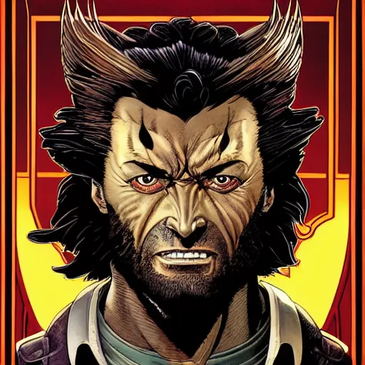 Image similar to portrait of wolverine from xmen, symmetrical, by yoichi hatakenaka, masamune shirow, josan gonzales and dan mumford, deayami kojima, takato yamamoto, barclay shaw, karol bak, yukito kishiro