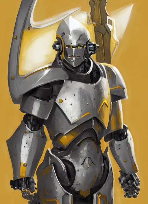 Prompt: dynamic portrait of a mecha warforged character in yellow armor holding a paladin engraved longsword and carrying a big shield, epic , trending on ArtStation, cinematic lighting, by Jesper Ejsing