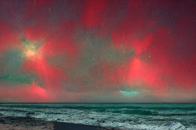 Prompt: Nebulas crashing on the seashore like waves