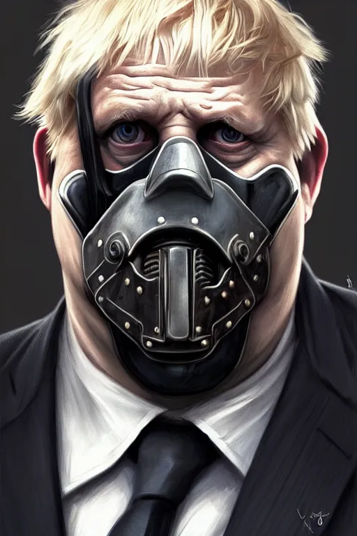 Image similar to Boris Johnson as a Bane from Dark Knight, Boris Johnson hairstyle, realistic portrait, symmetrical, highly detailed, digital painting, artstation, concept art, smooth, sharp focus, illustration, cinematic lighting, art by artgerm and greg rutkowski and alphonse mucha