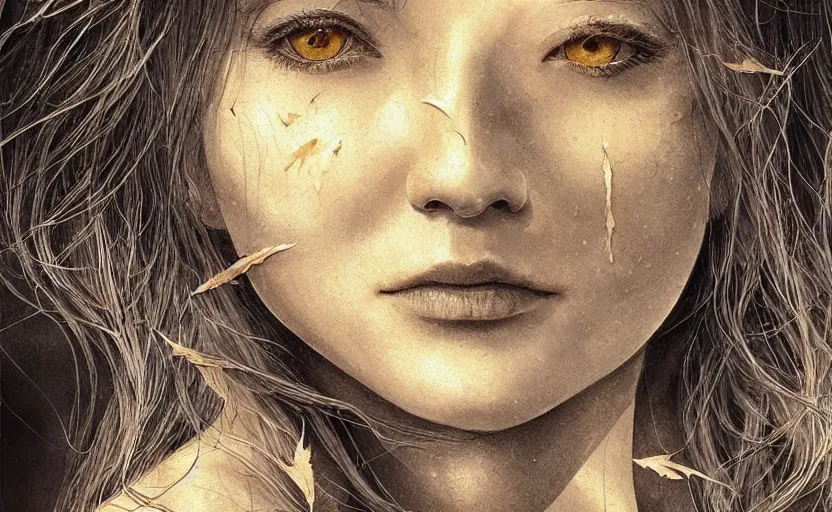 Image similar to golden leaves at frame border, creative!!! composition for a book cover!!!, absurdly beautiful, ultrafine hyperrealistic detailed old witch face by wlop and artgerm and greg rutkowski, intricate linework, sharp focus, smooth, octopath traveler, final fantasy, unreal engine, dramatic lighting, ethereal, 8 k