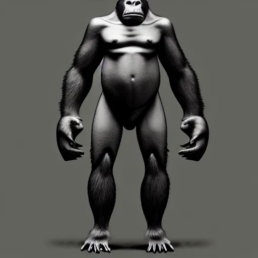 Image similar to fullbody!! personification of a gorilla as a business man, stunning, beautiful face, hyperrealistic, trending on artstation, smooth and sharp, intricate, fine details, highly detailed, elegant, dynamic pose, radiant light, detailed and intricate environment, professional character concept art by tatyana kupriyanova and greg rutkowski and raymond swanland