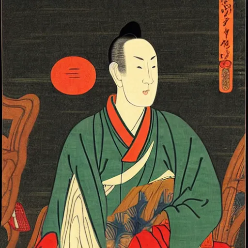 Prompt: Ukiyo-E Portrait of the Kevin Garnett as the Emperor of China, 1792, Oil on Canvas