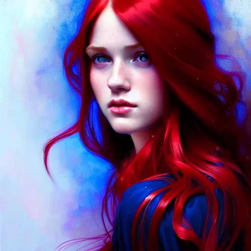 Image similar to portrait of teenage girl with long glossy red hair, blue eyes, glowing skin, fashion model features, fantasy, intricate, elegant, dress shirt and tie, highly detailed, digital painting, artstation, concept art, smooth, sharp focus, illustration, art by Krenz Cushart and Artem Demura and alphonse mucha