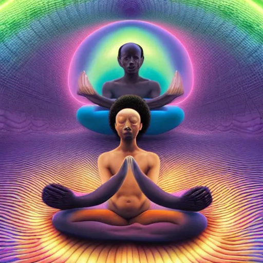 Prompt: black boys and girls meditating inside of floating glowing bubbles in the clouds, by Adi granov and afarin sajedi and amanda sage and evgeni gordiets and Agostino Arrivabene in a psychedelic portrait style, ultrarealistic matte painting, volumetric lighting, fractal, extremely symmetrical, highly detailed face, orisha, 8k, hd