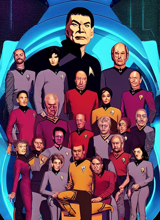 Prompt: Star Trek TNG crew portrait photo, Cyberpunk 2049, highly detailed, poster artwork by Michael Whelan and Tomer Hanuka