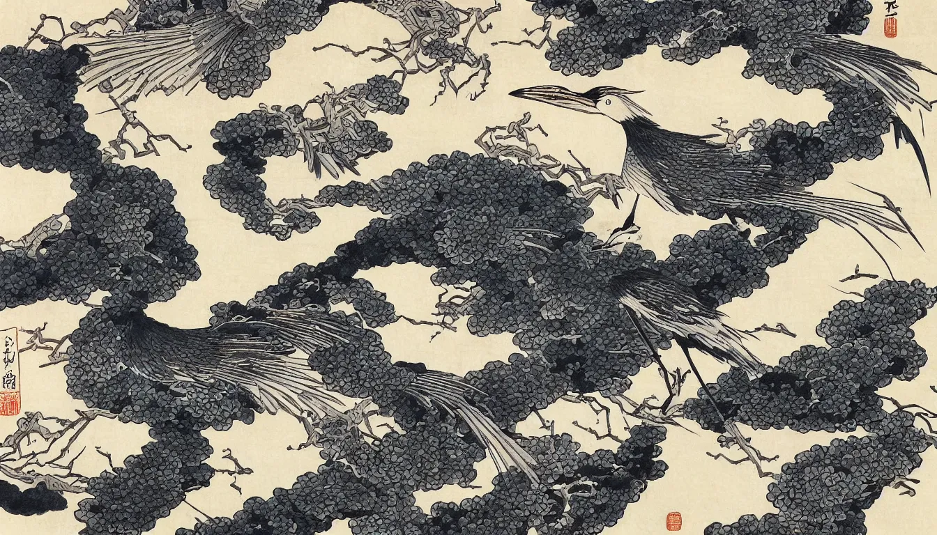 Prompt: traditional chinese ink of japanese crane by hokusai, ultra detailed