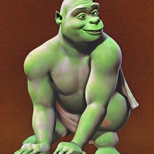 Prompt: shrek ancient mesopotamian statue, concept art by ralph mcquarrie