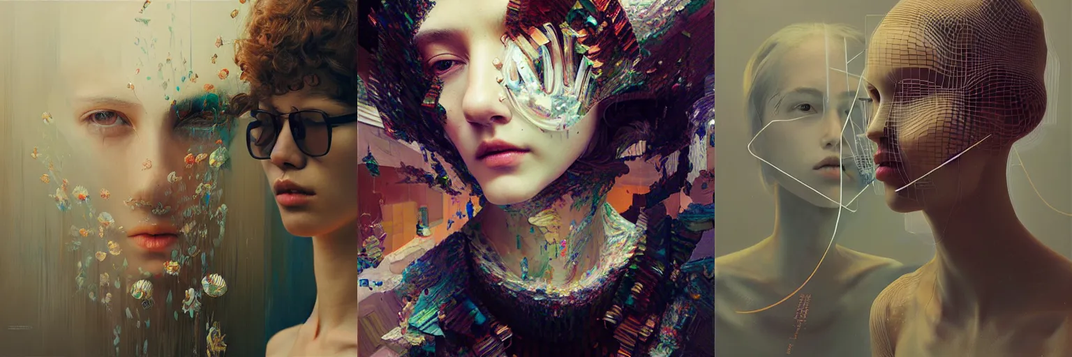 Prompt: 3 d, fashion models looks into the frame, intricate oil painting, hyper detail, figurative art, multiple exposure, poster art, 3 d, by tooth wu and wlop and beeple