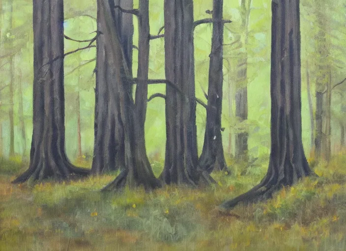 Image similar to forest hiding pagan ritual lights, oil on canvas
