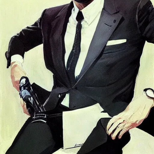 Image similar to “portrait of a young Sean Connery as James Bond, impeccably dressed, by Robert McGinnis”