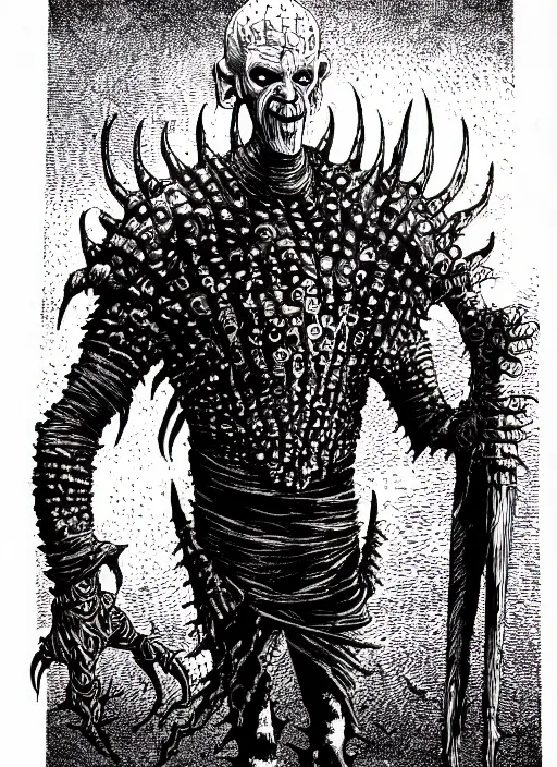 Prompt: the cenobite pinhead as a d & d monster, pen - and - ink illustration, etching, by russ nicholson, david a trampier, larry elmore, 1 9 8 1, hq scan, intricate details, high contrast