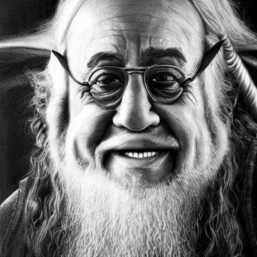 Prompt: danny devito as gandalf, deviantart, smile, ultra realistic illustration, final fantasy, high quality, full color, full body, lotr movies, wizard hat