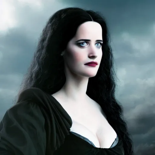 Image similar to portrait of a young eva green as yennefer from the witcher wearing black robes