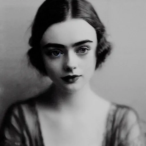 Image similar to headshot edwardian photograph of elle fanning, lily collins, scarlett johansson, 1 9 2 0 s film actress, realistic face, 1 9 1 0 s, grainy, victorian, soft blur