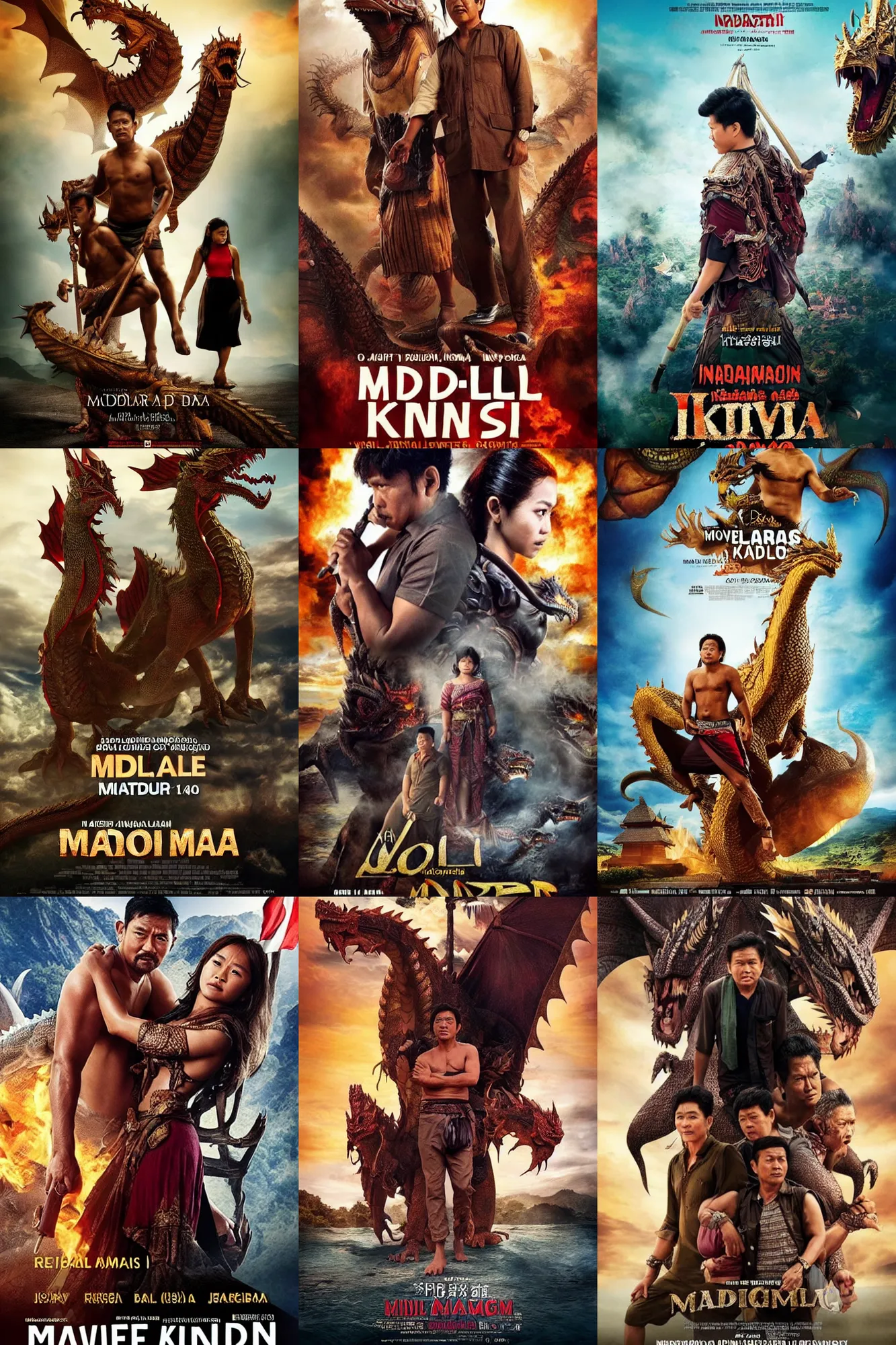 Prompt: movie poster, indonesian kingdom movie, indonesia middle - age, colossal, men and dragon