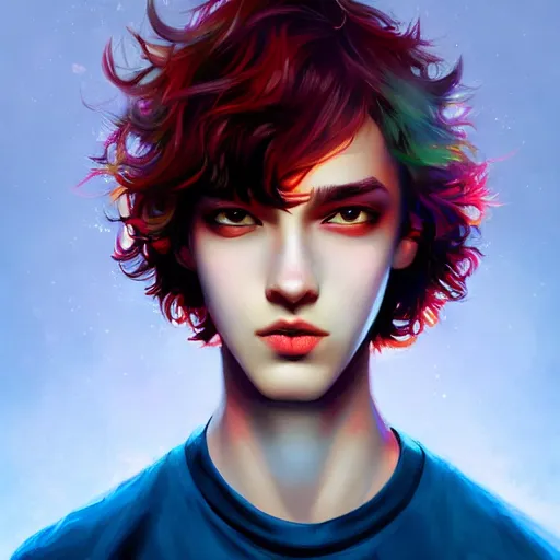 Image similar to colorful and festive captivating teenager with straight brown hair covering his eye, dark skin, big lips, big eyes, wearing a red t - shirt. rich vivid colors, ambient lighting, dynamic lighting, 4 k, atmospheric lighting, painted, intricate, highly detailed by charlie bowater