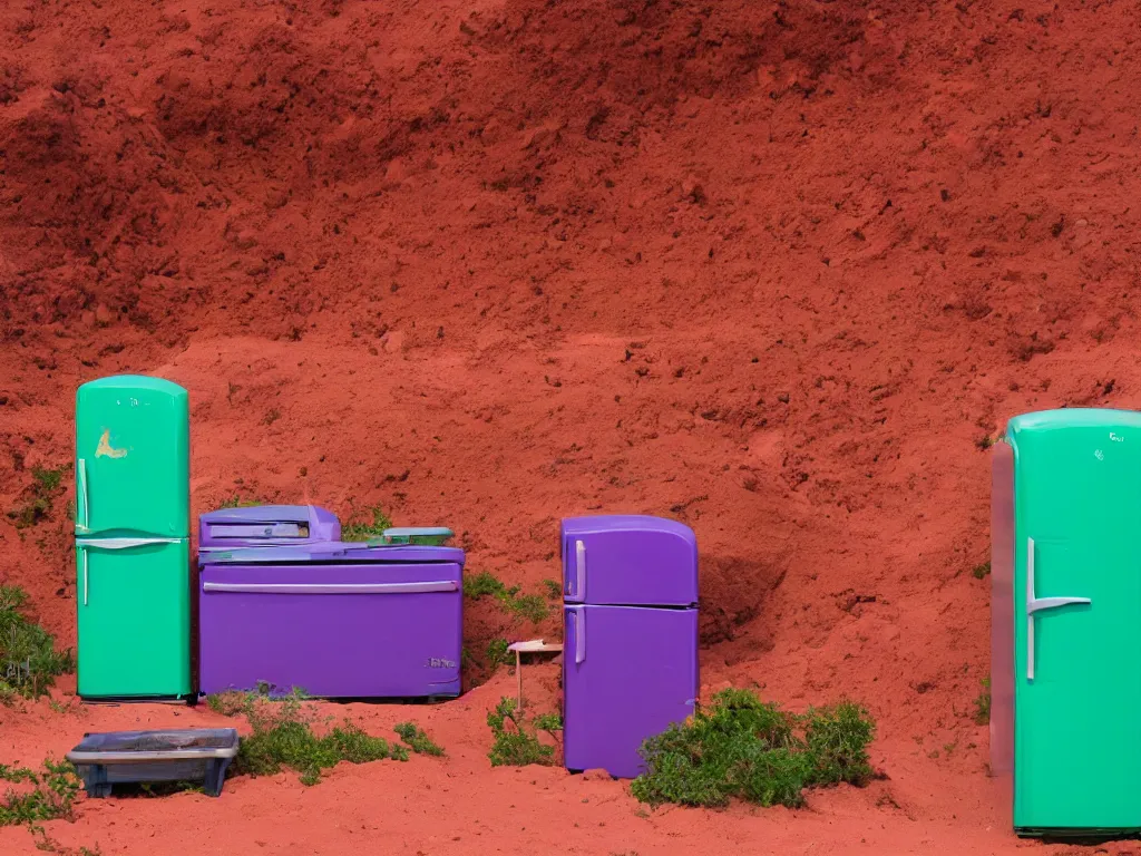 Image similar to purple refrigerator, red sand beach, green ocean, nebula sunset