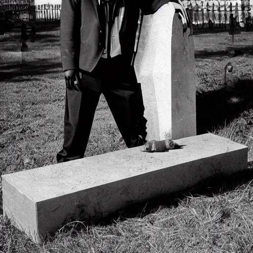 Image similar to MF DOOM standing in a graveyard with a dug up coffin