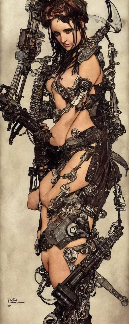 Prompt: striking sensual gorgeous crustpunk art nouveau portrait of cristina ricci as an ironpunk heavy metal rebel soldier by travis charest, simon bisley and alphonse mucha, photorealism, extremely hyperdetailed, perfect symmetrical facial features, perfect anatomy, ornate declotage, excited expression, wild eyes