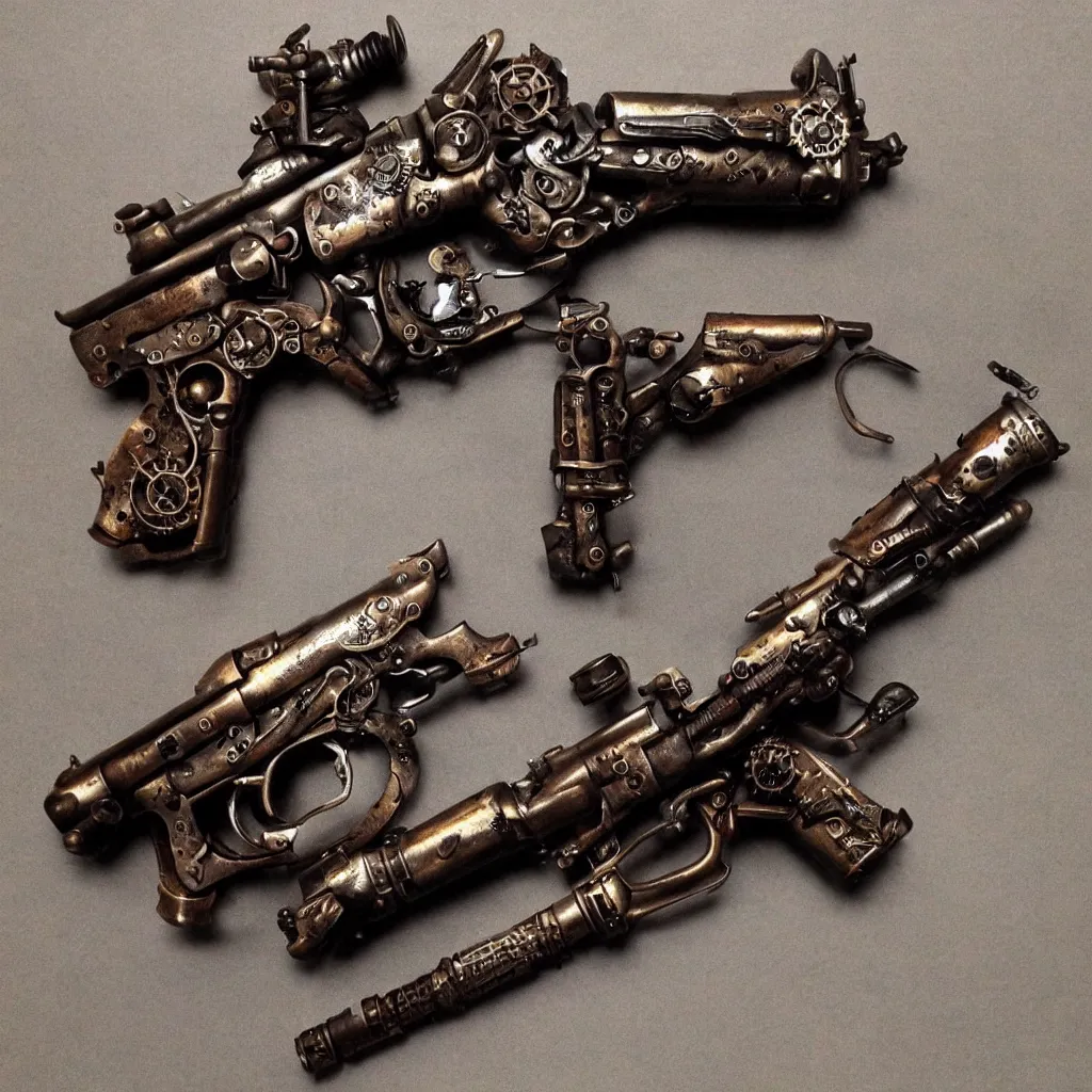 Prompt: a gun very cool, steampunk style,, highly detailed, photorealistic