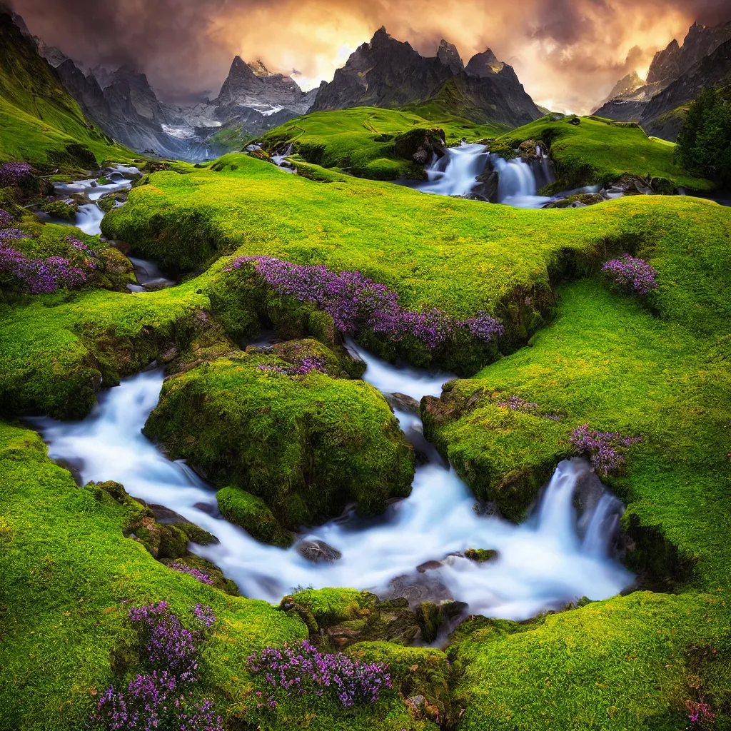 Image similar to amazing landscape photo of switzerland green spring with flowers by marc adamus, beautiful dramatic lighting