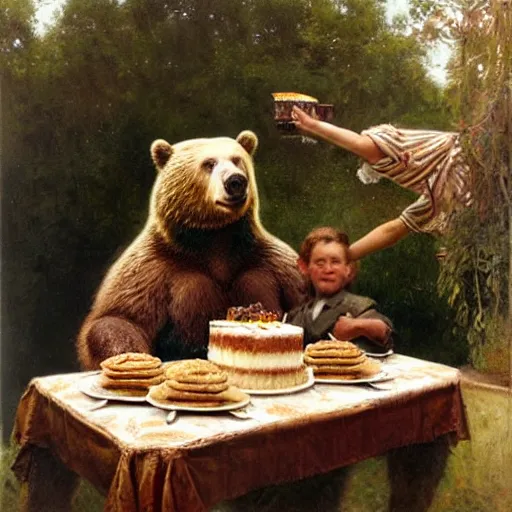 Image similar to polaroid photo of a bear eating cake at his 7 0's birthday at a zoo, highly detailed painting by gaston bussiere, craig mullins, j. c. leyendecker