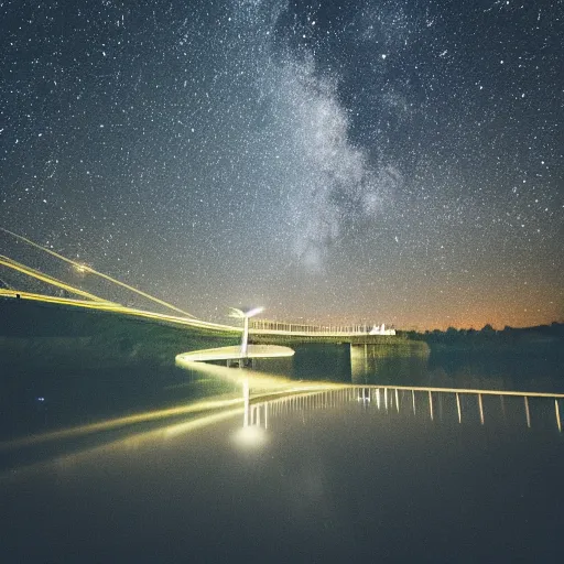 Prompt: “a night time photograph of a bridge over a lake with a sky full of stars”