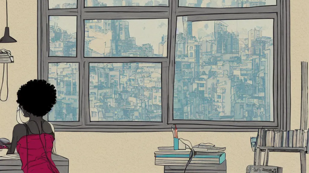 Image similar to black girl, curly hair, with headphones, studying in bedroom, window with rio de janeiro view, lo-fi illustration style, digital art, alive colors