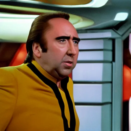 Prompt: a fat nic cage playing captain kirk in star trek, hd digital photography, movie still