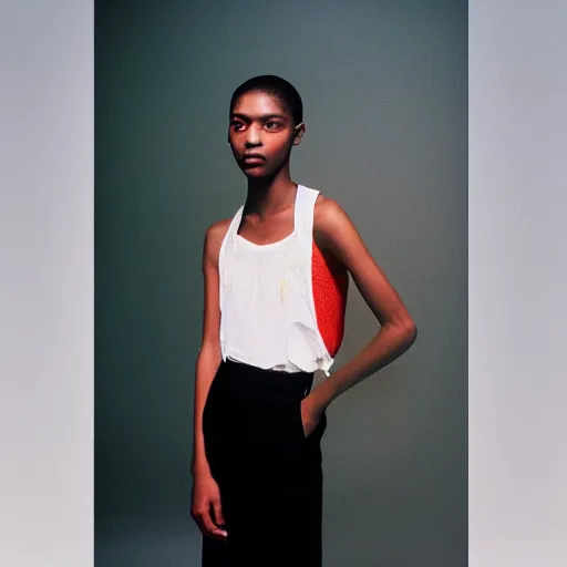 Image similar to realistic photoshooting for a new balenciaga lookbook, color film photography, portrait of a beautiful woman, in style of Tyler Mitchell, 35mm,