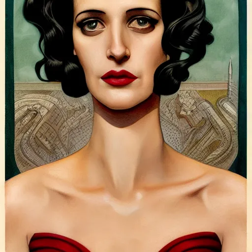 Image similar to a streamline moderne, art nouveau, multi - racial portrait of eva green in the style of charlie bowater, and in the style of donato giancola, and in the style of charles dulac. intelligent, expressive eyes. symmetry, ultrasharp focus, dramatic lighting, semirealism, intricate symmetrical ultrafine streamline moderne background detail.