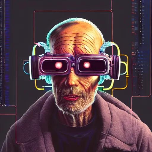 Prompt: Colour Photography of 1000 years old man with highly detailed 1000 years old face wearing higly detailed cyberpunk VR Headset designed by Josan Gonzalez Many details. Man eating higly detailed hot-dog. In style of Josan Gonzalez and Mike Winkelmann andgreg rutkowski and alphonse muchaand Caspar David Friedrich and Stephen Hickman and James Gurney and Hiromasa Ogura. Rendered in Blender