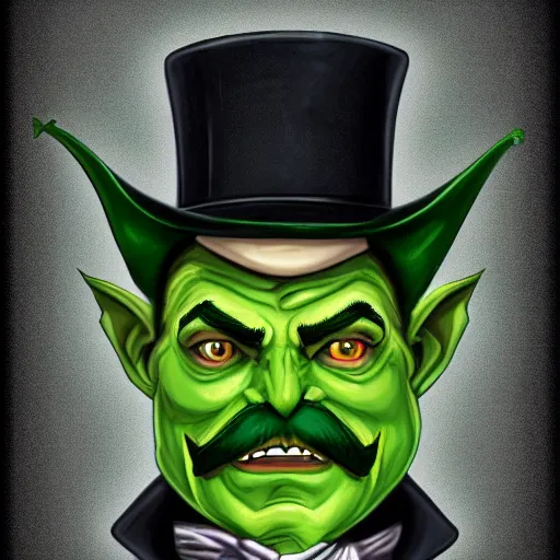 Image similar to a cartoonishly evil goblin, supervillain, top hat and luxurious moustache, green skin, cartoon style, d & d character portrait, victorian clothing, digital art, 8 k,