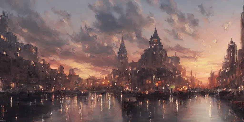 Prompt: stunning painting of an city from 1 7 0 0 during sunset by krenz cushart