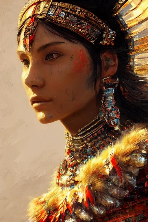 Image similar to aztec princess, gorgeous, close - up portrait, intricate, elegant, volumetric lighting, scenery, digital painting, highly detailed, artstation, sharp focus, illustration, concept art, ruan jia, steve mccurry