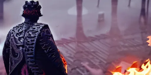 Image similar to The dark paladin with a heated sword in his hand and a burning flame with a sword in the rain. cinematic shot from back, realistic, 4K,