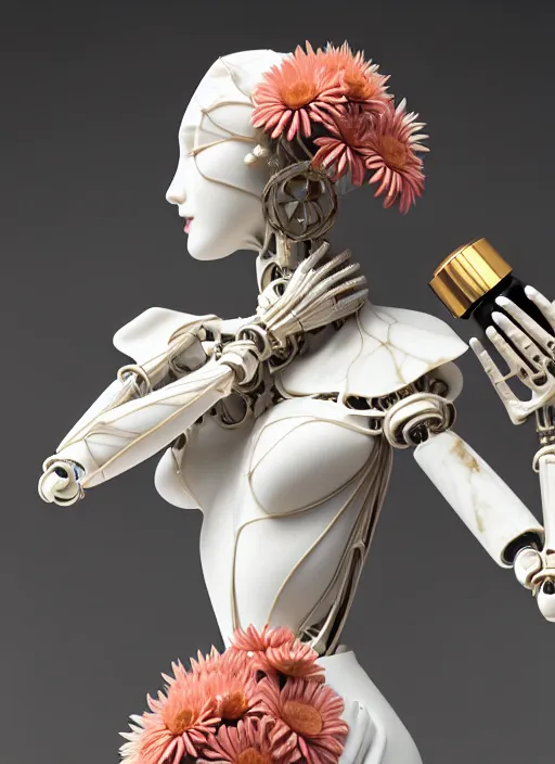 Image similar to marble mannequin carrying perfume bottle, biomechanical corals daisies rhizomorphs in an ivory room well contoured smooth fair walls, up close shot, sharp focus, global illumination, radiant light, alexandre ferra white mecha, irakli nadar, octane highly render, 4 k, ultra hd,