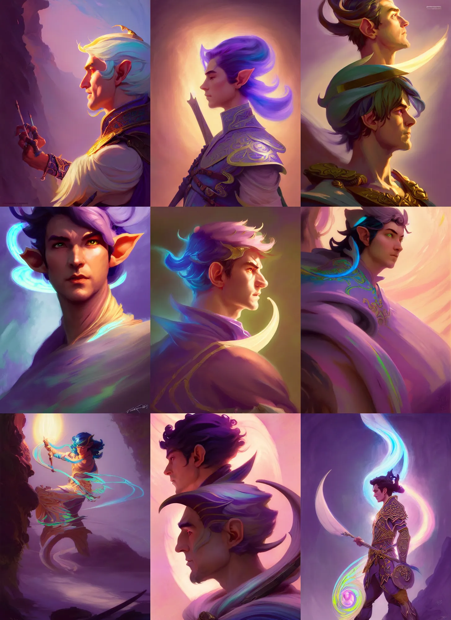 Prompt: side profile, male elf ranger, gloomhaven, luminescent, colorful swirly magic ripples, pastel colors, by greg manchess, huang guangjian, gil elvgren, sachin teng, greg rutkowski, jesper ejsing, ilya kuvshinov