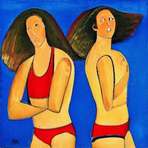 Prompt: “A couple of beach volleyball female players in 1990 by Amedeo Modigliani”