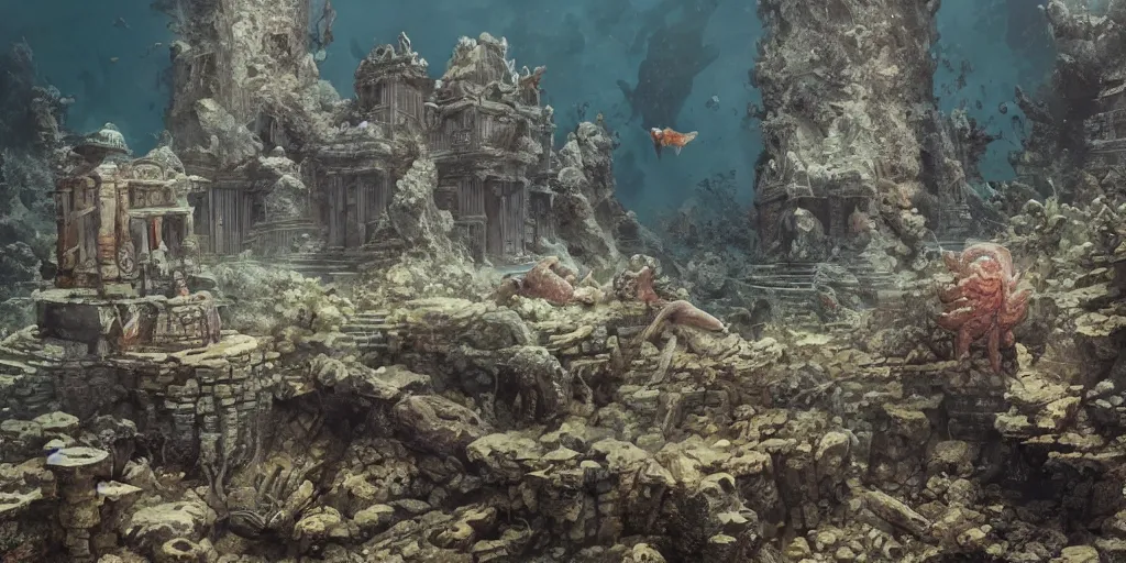 Image similar to Underwater ancient temple, statues, rubble, broken pillars, fishes, coral, Monster Hunter Illustrations art book, Moebius, Greg Rutkowski, Zabrocki, Karlkka, Jayison Devadas, Phuoc Quan, trending on Artstation, 8K, ultra wide angle, zenith view, pincushion lens effect.