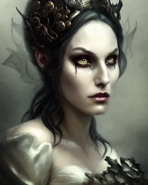 Image similar to bastien lecouffe deharme and wlop detailed portrait digital rococo painting of a beautiful serious villainess wearing fantasy clothing like liliana vess, villainess has black angel wings, evil mood, hellish battlefield in the background, unreal engine, embers flying, hyper realism, realistic shading, cinematic composition, blender render, octane render, ultrawide shot