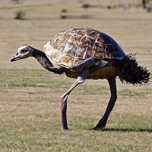 Prompt: a cross hybrid between ostrich and turtle, realsitic