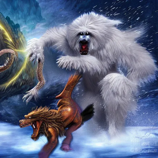 Image similar to fantasy art ultra detailed photo of a yeti and great pyrenees dog fighting a dragon in a blizard