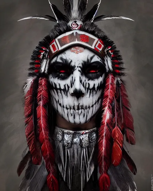 Image similar to the ghost - spirit of the grim - warpaint wears the scarlet skull armor and native blood headdress feathers, midnight fog - mist!, dark oil painting colors, realism, cinematic lighting, various refining methods, micro macro autofocus, ultra definition, award winning photo