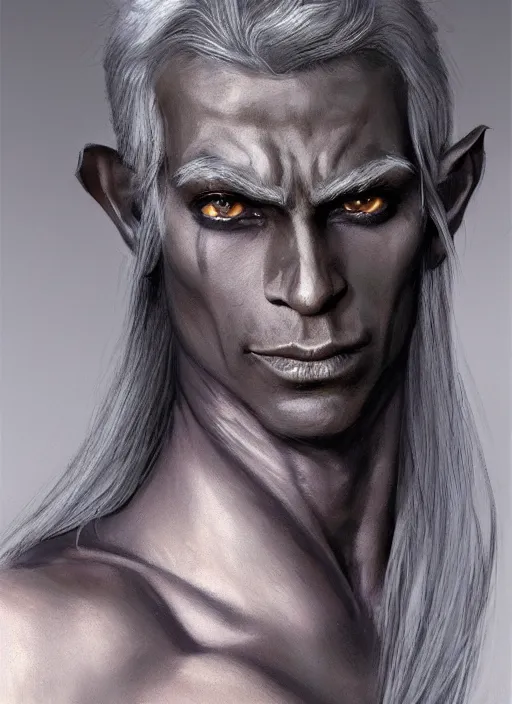 Prompt: a portrait of a dark drow elf male, long length slick white hair, charcoal skin, handsome, smooth skin, young adult in with late twenties, raised eyebrows, pointed chin, charcoal color skin, style by donato giancola, wayne reynolds, jeff easley dramatic light, high detail, cinematic lighting, artstation, dungeons and dragons