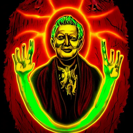 Image similar to yeltsin on an icon with a halo of blood, scary icon in hellish style, scary color art in 4 k