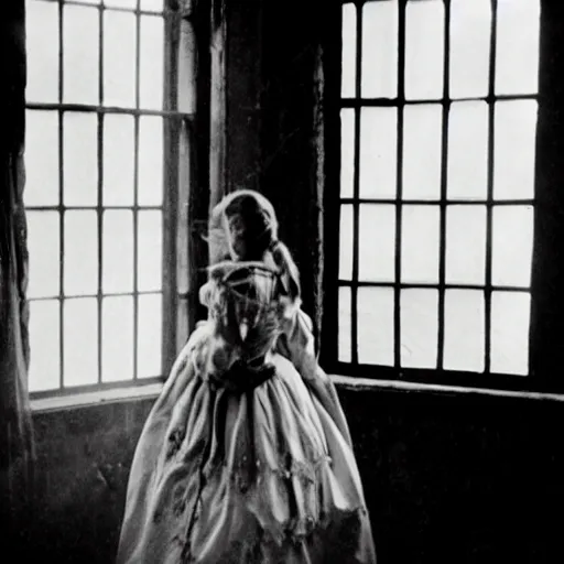Prompt: film still of a distressed young female figure by the window in victorian dress, there is no true beauty without decay, lighting by sven nykvist
