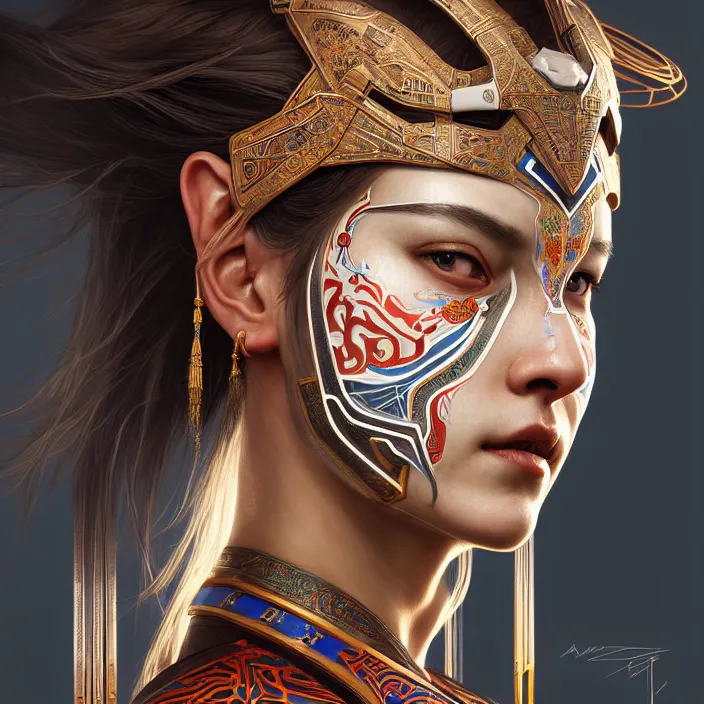 Image similar to symmetry! portrait of a caucasian female warrior, face decorated with chinese opera motifs, leds horizon zero dawn machine, intricate, elegant, highly detailed, digital painting, artstation, concept art, smooth, sharp focus, illustration, art by artgerm and greg rutkowski and alphonse mucha, 8 k